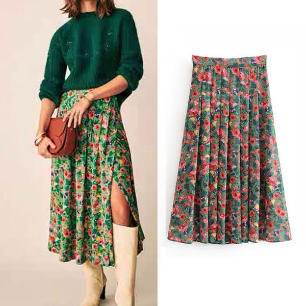 

skirts 2021 women midiskirt elegant a-line with high waist floral print loose femme summer chiffon england style, Black