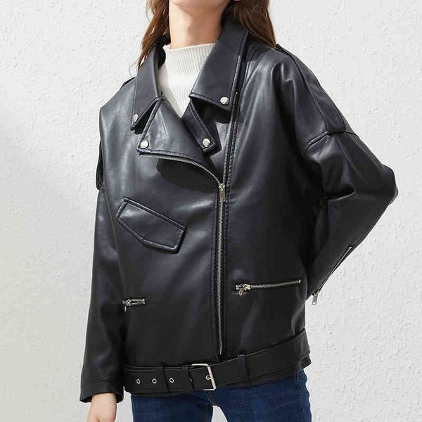 

women's jackets eco-leather ailegogo, big, spring/fall, fake leather, with a belt, casual, baggy, for biker, women's leather jacke, Black;brown