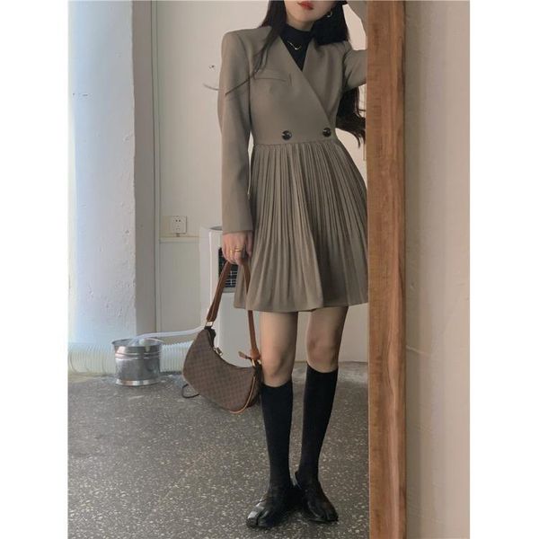 

casual dresses spring autumn chic korean style v neck a line pleated dress for women streetwear elegant long sleeve ladies vestidos, Black;gray