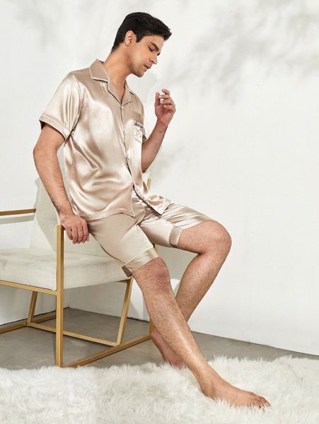 

men satin slogan embroidery lapel neck pj set y3bd#, Black;brown