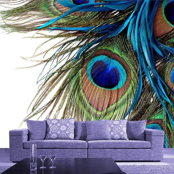 

custom po mural 3d blue peacock feather painting modern living room bedroom non-woven self adhesive wallpaper wallpapers