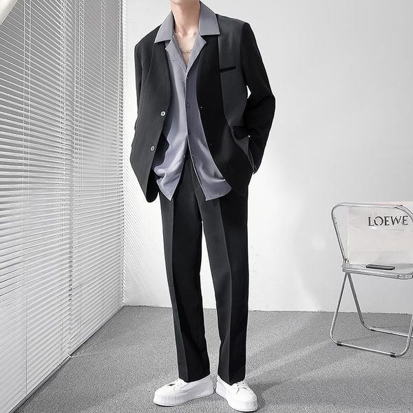 

men's suits & blazers men sets collarless splice color casual jacket pant man trendy fashion loose suit coat trousers dress, White;black