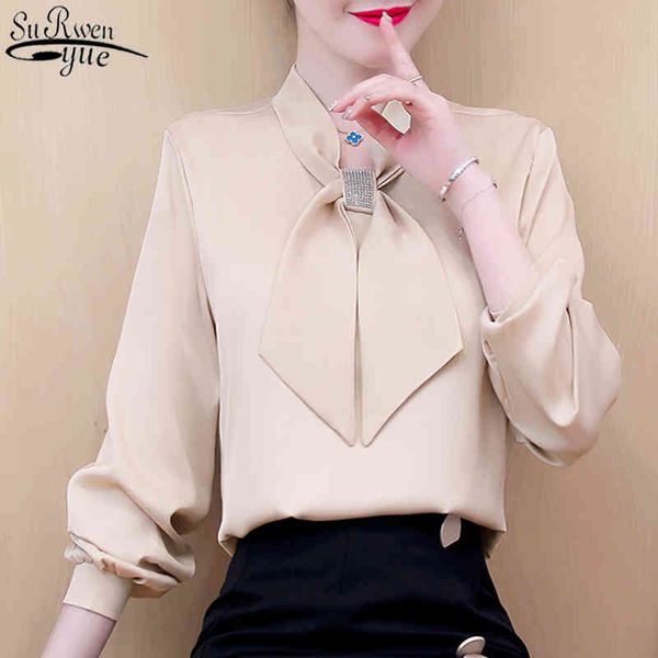 

elegant women long sleeve blouse blouses spring autumn ol style shirt fashion rhinestone ribbon blusas 10317 210427, White