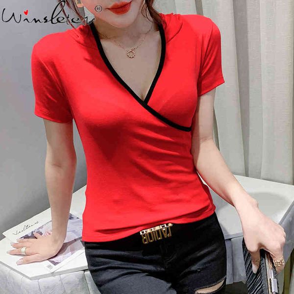 

women's t-shirt summer european style cotton solid fashion v-neck bordered hooded women short sleeve tees 2021 t13621a 9, White
