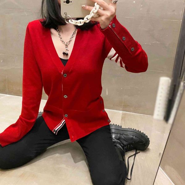 

8892 tb back long ribbon cardigan stitched stripe four bar v-neck college english wool sweater, White;black