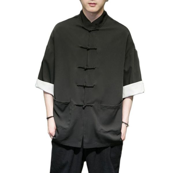 

men's casual shirts chinese style summer thin loose seven-minute sleeve tang cardigan shirt with button-down, White;black