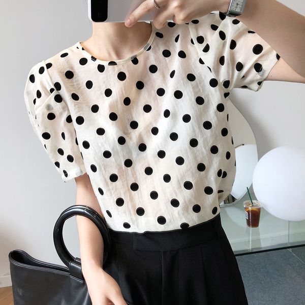 

women's t-shirt french short sleeve polka dot t-shirt summer design bubble pullovers korean thin trend h05c, White