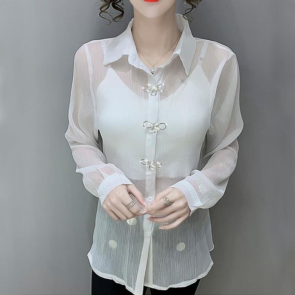 

women's blouses & shirts female transparent chiffon long sleeve mesh 2021 autumn diamond butterfly backless sunscreen blouse shirt 985b, White