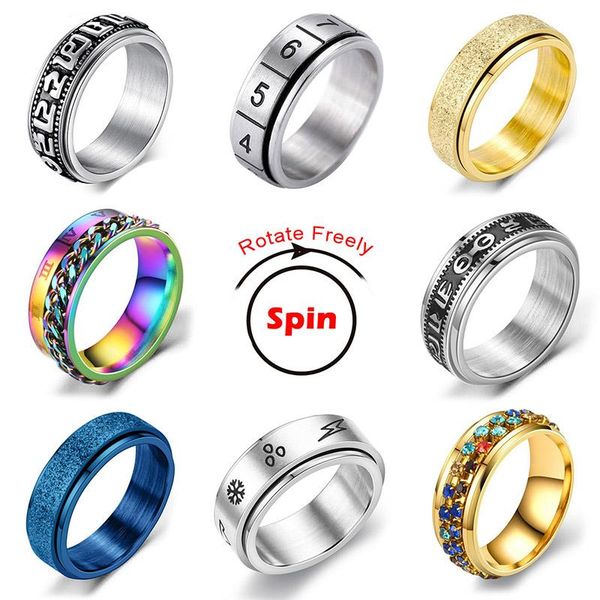 

cluster rings rotatable anxiety fidget ring for men stainless steel chain casual male anel stylish punk spinning spinner ratating, Golden;silver