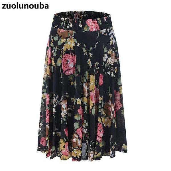 

autumn middle-aged and elderly ladies skirt elastic waist ice silk double layer mid-length flower print women dancing skirts, Black