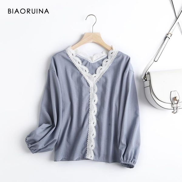 

women's blouses & shirts biaoruina korean style blue plaid patchwork lace v-neck shirt long sleeve female sweet loose blouse arrival, White