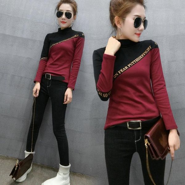 

half high collar splicing long sleeve t-shirt for women's spring wear, White