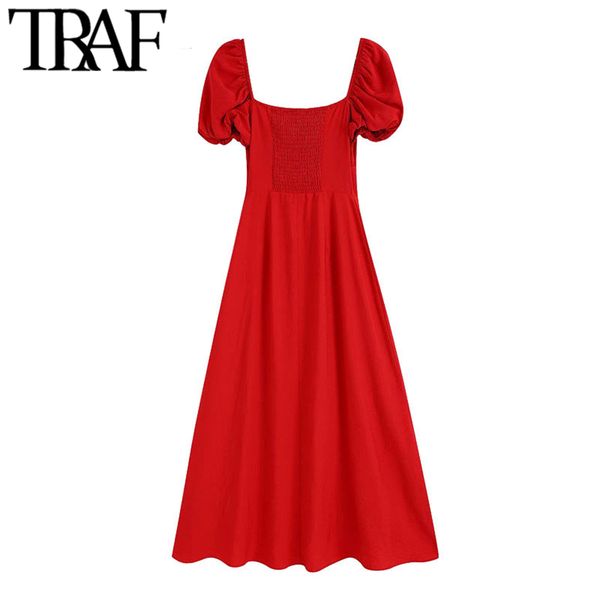 

2021traf women chic fashion with buttons midi dress vintage puff sleeves back smocked detail female dresses vestidos mujer, Black;gray