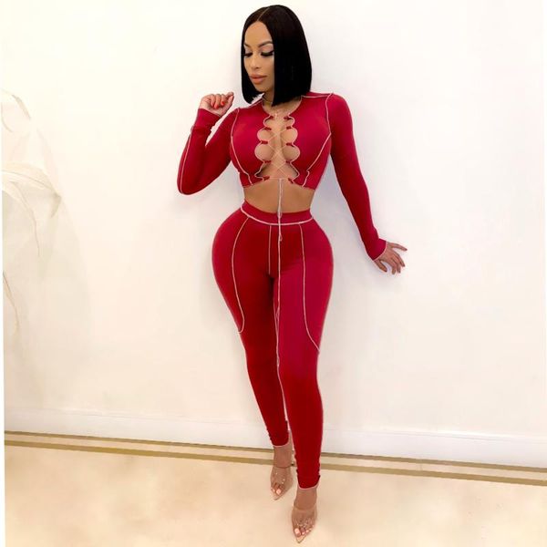 

women's tracksuits women autumn v neck lace up hollow out long sleeve crop and pants 2 piece set chy-1296, Gray