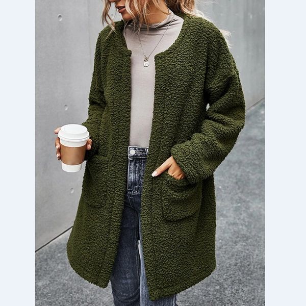 

hoodies vintage thick plush solid pockets warm sweater sleeve o neck casual winter fashion women long coat, Black