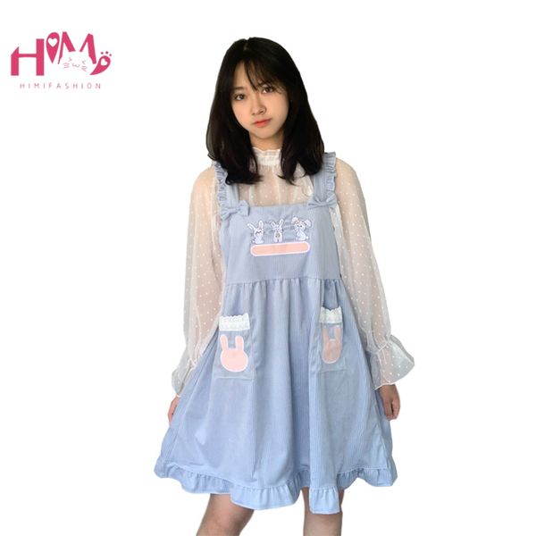 

2021japanese vintage teens girl corduroy dress mori girl lolita kawaii bunny pink overalls harajuku cute rabbit bow-knot strap dress, Black;gray