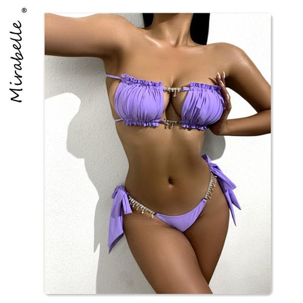 

women's swimwear 2021 crystal diamond bandeau bikini mini thong set hollow out swimsuit women bather solid feamle beach wear, White;black