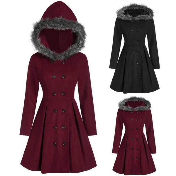 Misturas de lã femininas vestido grande bainha dupla casaco de inverno de inverno grossa mulheres outono plush cor sólida cor elegante outerwear