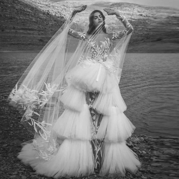 

exclusive lace mermaid wedding bridal dresses with ruffles tulle detachable train see thru 2 pieces long women casual, Black;gray