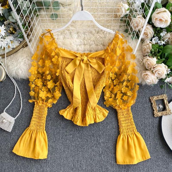 

women's blouses & shirts 2021 elegant fashion summer women short shirt sweet 3d flower appliques mesh crop slash neck puff long sleeve, White
