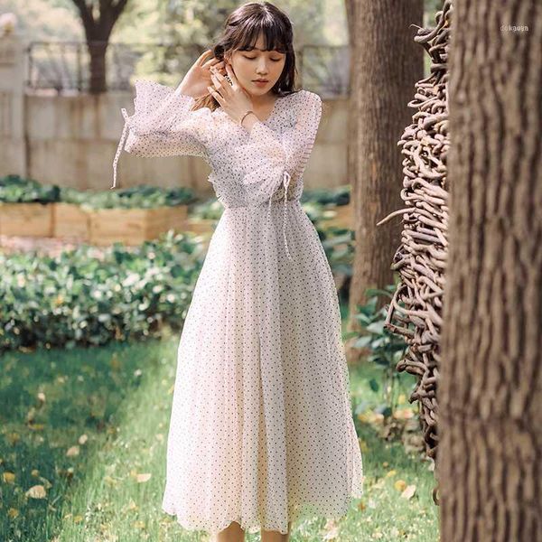 

2021 summer women polka dot chiffon dress fairy bow trumpet sleeve french retro holiday casual midi dress1, Black;gray