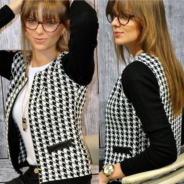 

autumn winter fashion o neck women's jacket casual slim houndstooth patchwork zipper long sleeve ladies jackets coat, Black;brown