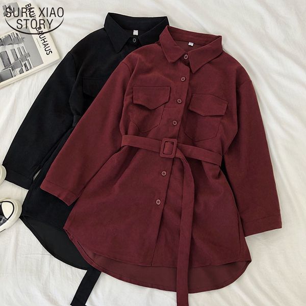 

corduroy long sleeve dress women solid buttons pockets turn-down collar simple elegant sashes womens vintage harajuku 12007 210508, Black;gray