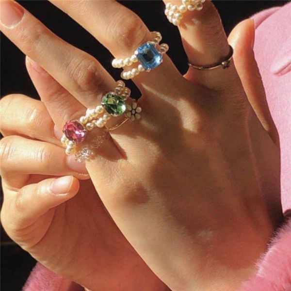 

cluster rings kpop fashion shiny colorful crystal handmade braided imitation pearl aesthetic for women party wedding jewelry gifts, Golden;silver