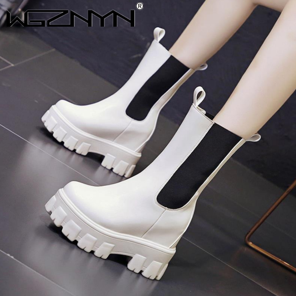 

outdoor leather thick heel chelsea boots women british style round toe flat short boots woman sneakers casual motorcycle boots, Red;white