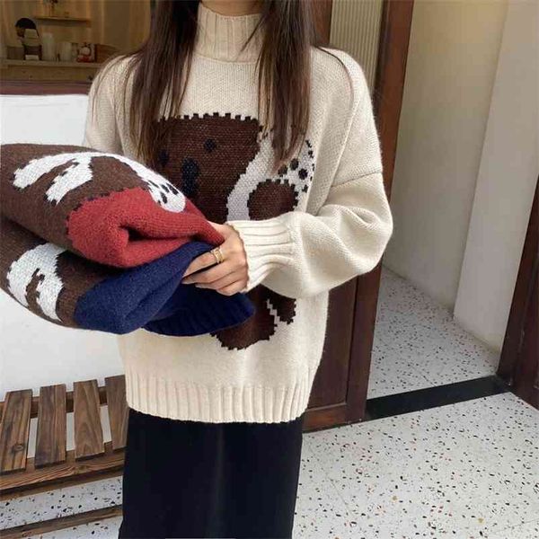 Pull Femme Hiver Mulheres Inverno Bonito Suéter dos Desenhos Animados Urso Sweater Pullovers Turtleneck Coreano Jumpers Jumpers Meninas Chique Top 210430