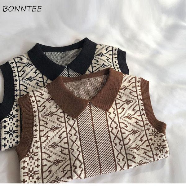 

women's vests sweater vest women turn-down collar simple female all match sleeveless striped elegant leisure korean style fashion loose, Black;white