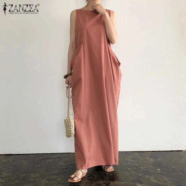 

elegant solid maxi dress zanzea 2021 party holiday casual sleeveless vestidos female cotton robewomens summer dresses plus size, Black;gray