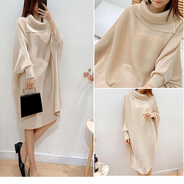 

casual dresses popolle fashion loose pleated women's dress bat sleeve lapel plus size ladies korean clothing, Black;gray