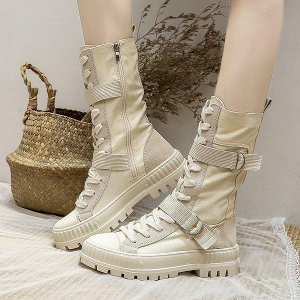 

boots women's shoes 2021 spring style platform comfortable zipper casual mid-calf round toe flat with femmes bottes, Black