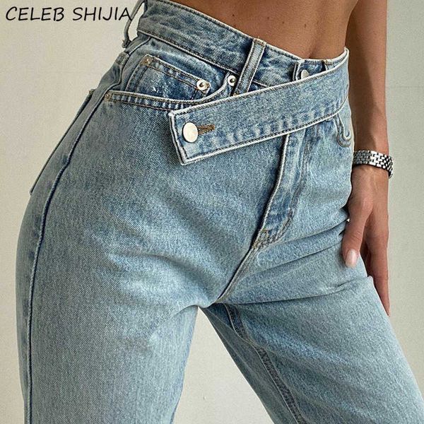 

vintage high waist denim jeans woman inclined belt light blue straight leg pants female streetwear chic y2k for mom 210927