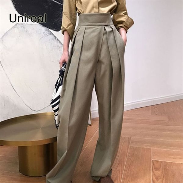 

unireal autumn fashion women wide leg pants high waist casual trouser streetwear chic vintage loose palazzo 210915, Black;white