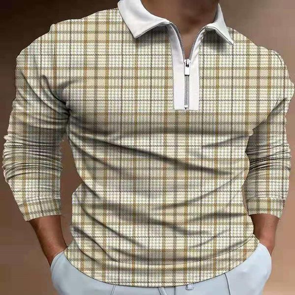 

men's polos 2021 autumn men shirt long sleeve casual zipper grid pattern printing clothes luxury male tee t-shirt, White;black