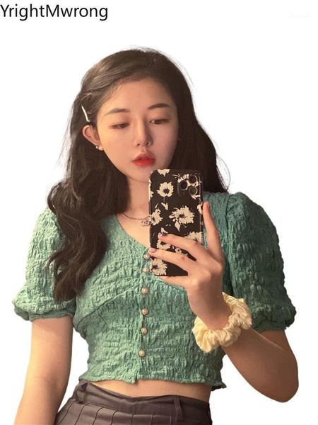 

vintage ruched folds fashion aesthetic puff sleeve t-shirt v neck pearls button blusas t shirt women crop korean summer women's, White