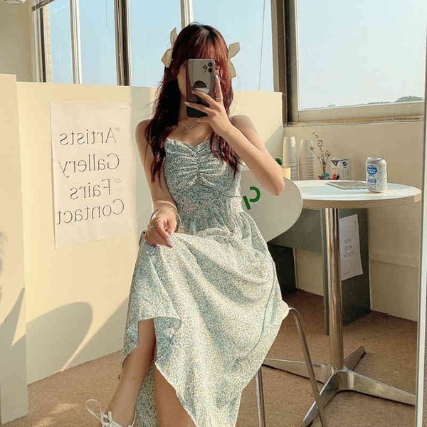 

3 colors bohemian beach summer dress women casual long length chiffon dress floral print strap dresses womens (n0069) 210423, Black;gray