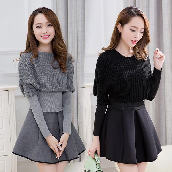 

casual dresses 2021 spring and winter women korean version of cultivating long-sleeved two-piece dress suit fashion a-line, Black;gray