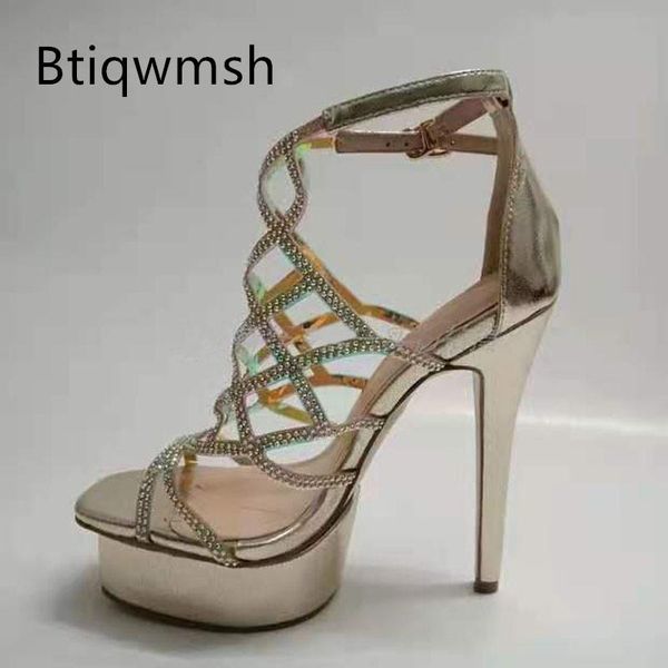 

dress shoes gold silver leather platform sandals women open toe rhinestone diamond cross strap high heels woman runway, Black