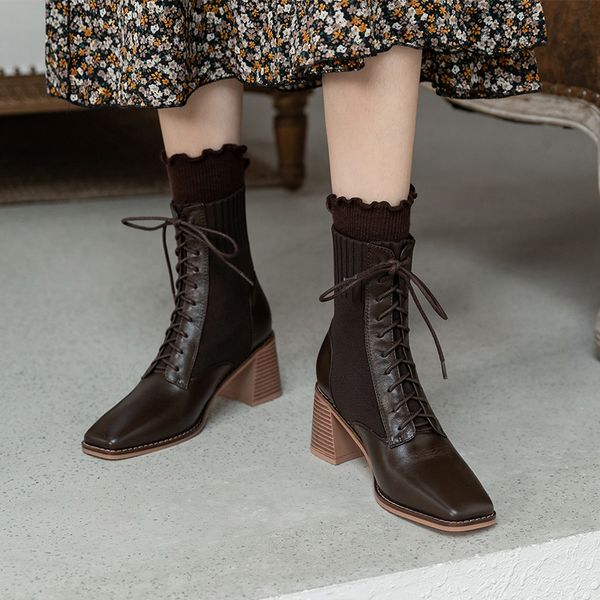 

women's short boots high heels 2021 spring and autumn square head single knitted elastic thin lace up thick heel martin, Black