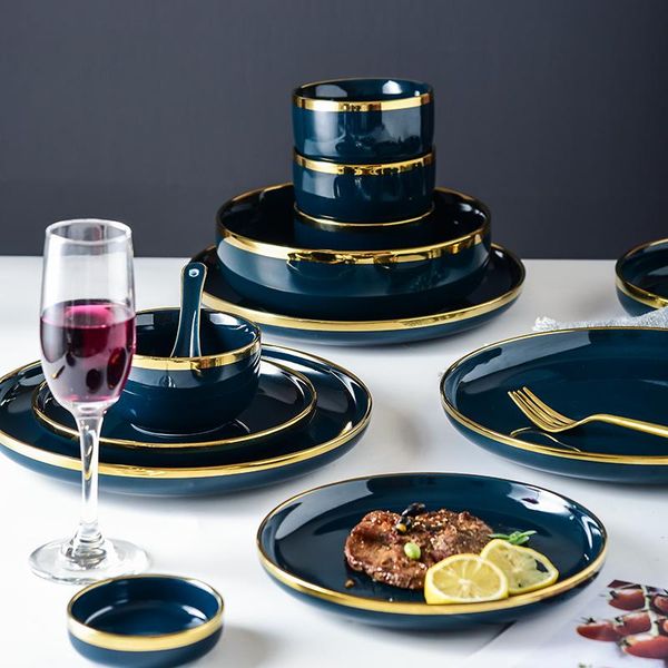 

blue porcelain dinner plates dishes luxury gold inlay ceramic cake plate bowl tableware dining set dish for restaurant &