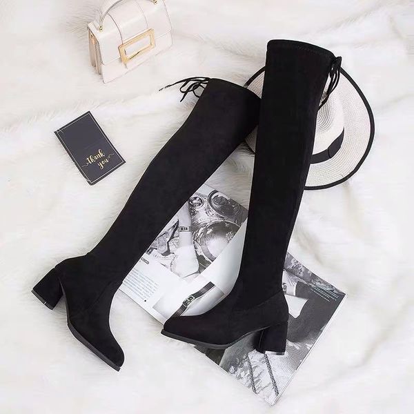 

boots children's fall 2021 thick heel knee high plush warm knight women's, Black