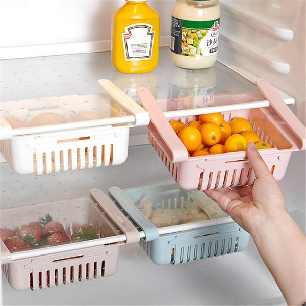 

hooks & rails strechable refrigerator storage basket kitchen food fruit rack pull-out drawer space saving organizer shelf