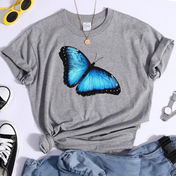 

blue butterfly printing female t shirts casual hip hop shirt breathable tees women tshirts women's t-shirt, White