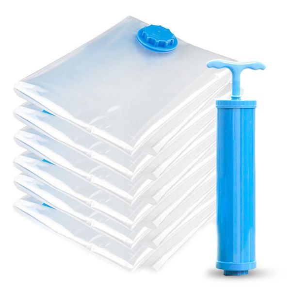 

7pcs/set transparent vacuum storage bag flat quilt clothing compression shrink set hand pump random color bags