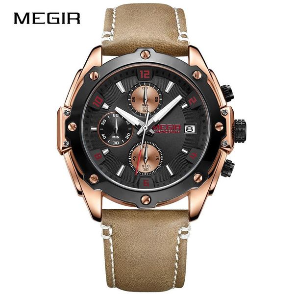 

wristwatches megir men's quartz watches leather fashion watch men business sport male clock montre homme zegarek meski 2021, Slivery;brown