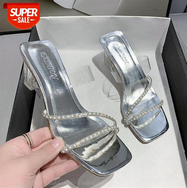 

high-heeled slippers women, pearl and diamond decoration pvc outer wear fashion korean version of large size 41-42 #qu4c, Black