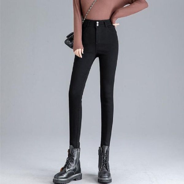 

spring autumn women's full high waist tight warm leggings slim fit pants black demin trousers